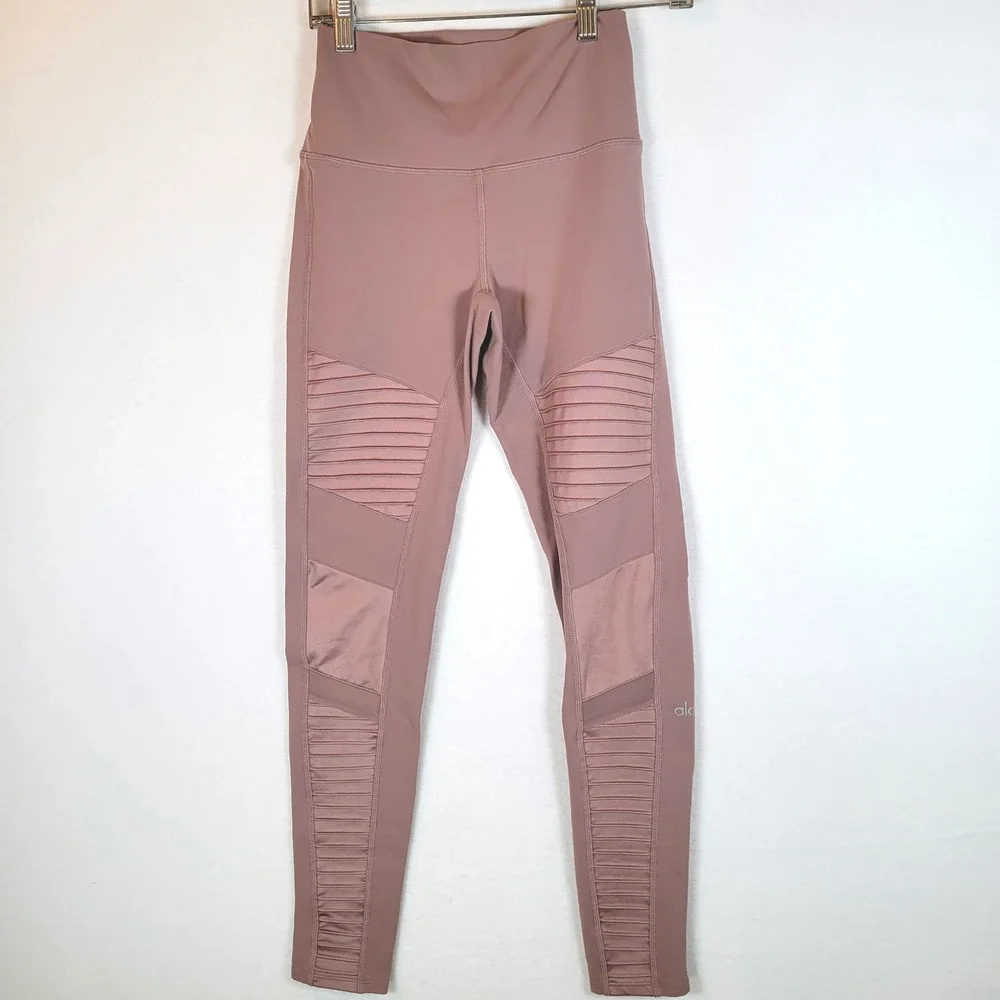 Alo Yoga Women High Waist Moto Mesh Panel Leggings Size Medium Mauve Pink Yoga